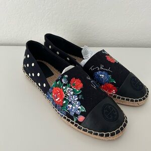 New TORY BURCH size 9 Navy blue polka Dot Floral Espadrille Flats Canvas Shoes